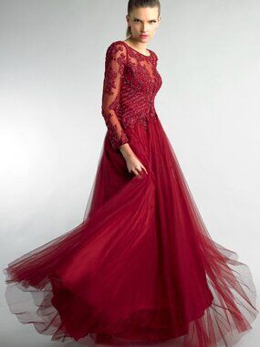 D8951L Long Sleeve Evening Gown - Burgundy